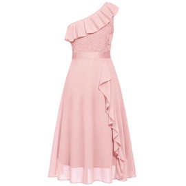 Girls Floral Lace Dress One Shoulder Easter Bridesmaid Vintage Formal Cocktail Party Swallowtail Swing Dresses 8-13 Years (Pink,12T)