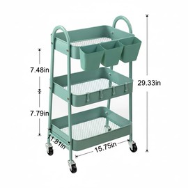 danpinera 3-Tier Rolling Cart, Utility Cart Mobile Metal Rolling Storage Cart with Lockable Wheels & Hanging Cups & Hooks for Kitchen, Bathroom, Office, Workshop, Green