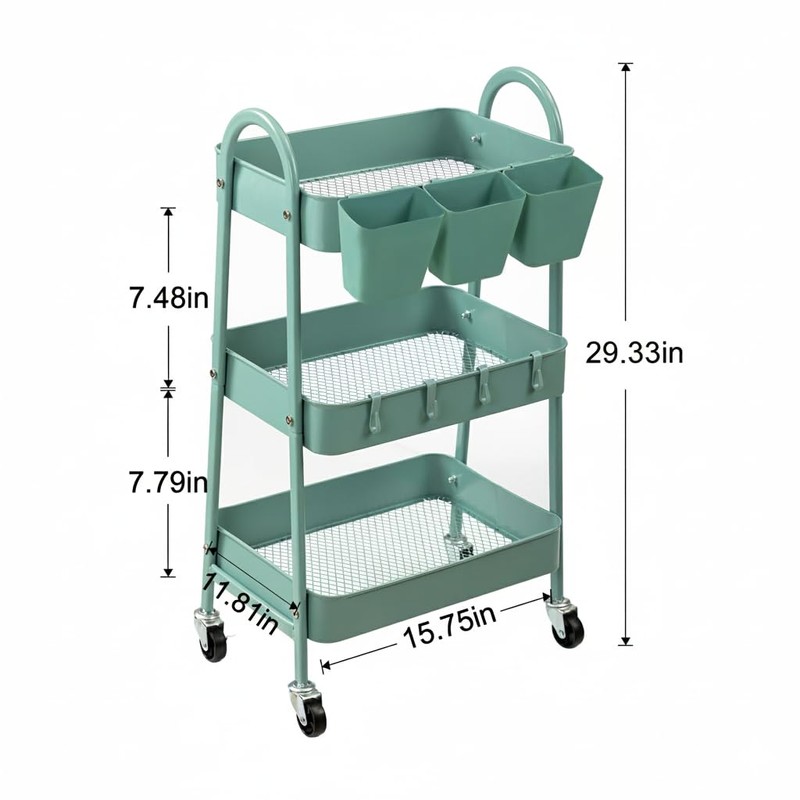 danpinera 3-Tier Rolling Cart, Utility Cart Mobile Metal Rolling Storage