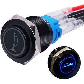 mxuteuk 16MM Raised Speaker Horn Momentary Push Button Switch 5/8" Mounting Hole 12V Blue Led Light Black Stainless Steel Shell 1NO1NC SPDT with Pre-wiring Wires Switch For Car Modification BKG16LB-BU