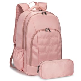 Della Gao College Laptop Backpack with Pencil Case, Pink Travel Backpack for Women, Waterproof Computer Back Pack for Travel, Business, Work, College (Pink, 15.6 Inch)
