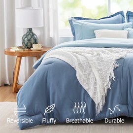 Kozyhvn Navy Blue Comforter Set Queen Reversible Bedding Set, 7 Pieces Soft Bed in a Bag Queen with Comforter, Sheets, Pillowcases & Shams, All Seasons Boho Queen Bed Set