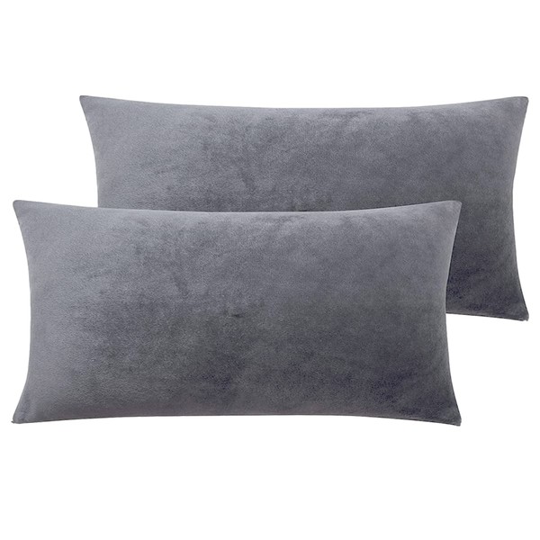 Soifox Set of 2 Cushion Covers, 40 x 80 cm, Grey Velvet Decorative Cushion Covers, Super Soft, Fluffy, Cuddly Cushion Covers, Decorative Cushion, Sofa Cushion, Lumbar Cushion, Throw Cushion Cover for