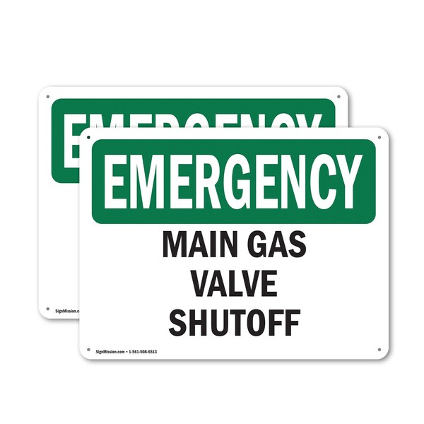 (2 Pack) Main Gas Valve Shutoff OSHA Emergency Sign 10