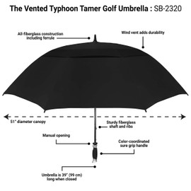 The Typhoon Tamer 62 Inch Vented Windproof Double Canopy Large Golf Umbrella for Rain & Wind, Strong Fiberglass Oversized Lightweight Professional Quality Golfers Umbrella for Men & Women, Black