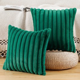 MADIZZ Set of 2 Faux Wool Plush Decorative Throw Pillow Covers 16x16 Inch Green Fluffy Striped Soft Decorative Cushion Cover for Sofa Bedroom Pillow Shell
