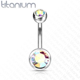 FIFTH CUE 14G G23 Solid Titanium Double Gem Ball Naval Belly Button Ring, Metal, cubic-zirconia