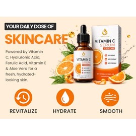 Suero de vitamina C con ácido ferúlico y vitamina E para la cara, suero facial antienvejecimiento y antiarrugas con ácido hialurónico y aloe vera, fór