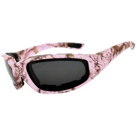 Ladies Pink Motorcycle CAMO Padded Foam Sport Glasses Smoke Lens 99% UV protection
