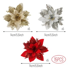 Glitter Christmas Flowers, FainFun Pack of 15 14 x 14 cm Christmas Flowers Gold Silver Red for Christmas Tree, Artificial Flowers for Christmas, Wedding, Garden, Party Decoration