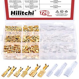 Hilitchi 720Pcs Gold Quick Splice Male and Female Wire Spade Connector Wire Crimp Terminal Block with Insulating Sleeve for Electrical Wiring Car Audio Speaker, 2.8mm 4.8mm 6.3mm Assortment Kit