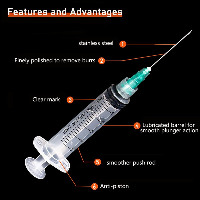 10 Pack 5ml/cc Disposable Luer Lock Lab Syringes with 21Ga