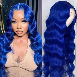 Lumiere Dark Blue Bomb Pre Colored 13x4 Straight Lace Frontal Human Hair Wig - Color: Blue Body, Size: 16inch