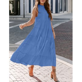 HAEOF Women's 2024 Summer Maxi Dress Casual Tiered Flowy Long Boho Beach Dresses Halter Sleeveless Sundress Summer Outfits (Blue, L)