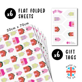 Geschenkpapier Frauen – 6 Blatt weißes Geschenkpapier mit Anhängern – süßes handgezeichnetes buntes Haus – für neues Zuhause, Geburtstag – recycelbar – von Central 23