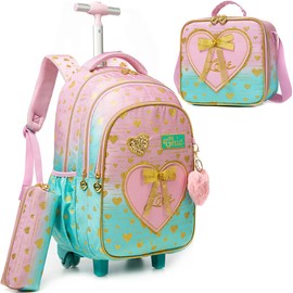 Meetbelify Kids Backpacks with Wheels for Girls Rolling Backpack with Lunch Box for Elementary Students Carry on Backpack Travel Suitcase Trip Luggage for Girls Ages 6-8