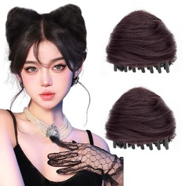 2Pcs Claw Clip in Messy Cat Ears Bun Hair Pieces Space Bun Hair Extensions Wig Accessory Donut Chignon Hairpieces for Women Girls (Dark Brown)
