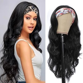 Body Wave Headband Wig Human Hair Glueless Wear and Go Curly Wigs 180% Density Half Wigs for Black Women Machine Made Human Hair None Lace Front Natural Black Wig (22inch)