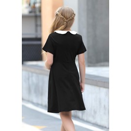 GORLYA Girl's Short Sleeve Casual Vintage Peter Pan Collar Fit and Flare Skater Party Dress with Pockets (GOR1006, 6-7Y, Black)