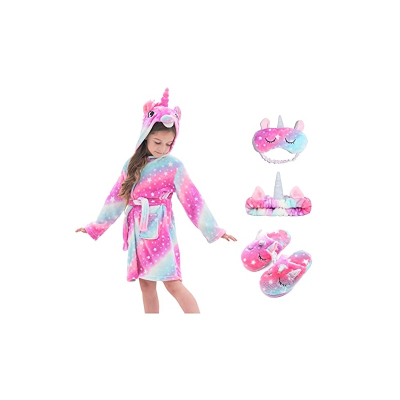 CHETOSHO Soft Unicorn Hooded Robe with Matching Slippers Headband and