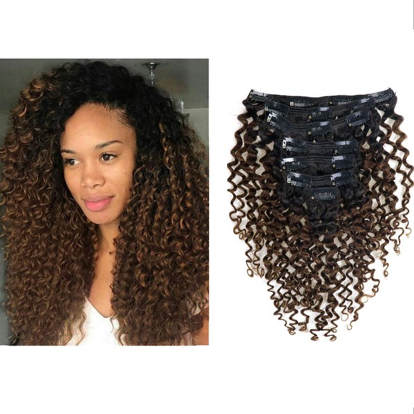 Clip in Human Hair Extensions Afro Jerry Curly 3B 3C Real Hair Clip in Extensions For Black Women Natural Black Color 100% Brazilian African American Hair Extension (14 inch, Jerry Curly #1B/4)
