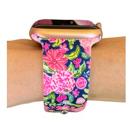 FoxiBands Navy Floral Watch Band - Compatible with iwatch Bands 45mm 44mm 42mm 41mm 40mm 38mm - Silicone Band Replacement for iWatch Series 8 7 6 5 4 3 2 1 SE - Fancy Floral Summer Design
