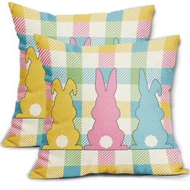 Spring Easter Decorative Pillow Covers 20x20 Inch Set of 2 Easter Colorful Bunny Buffalo Plaid Pillow Cases Outdoor Linen Square Cushion Cover Farmhouse Decor for Bedroom Home Sofa Couch Bed