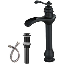 BWE Matte Black Vessel Sink Faucet Waterfall Single Hole Handle with Pop Up Drain Stopper Assembly and Supply Hose Lead-Free Bathroom Faucet Vanity Lavatory Mixer Tap Tall Body
