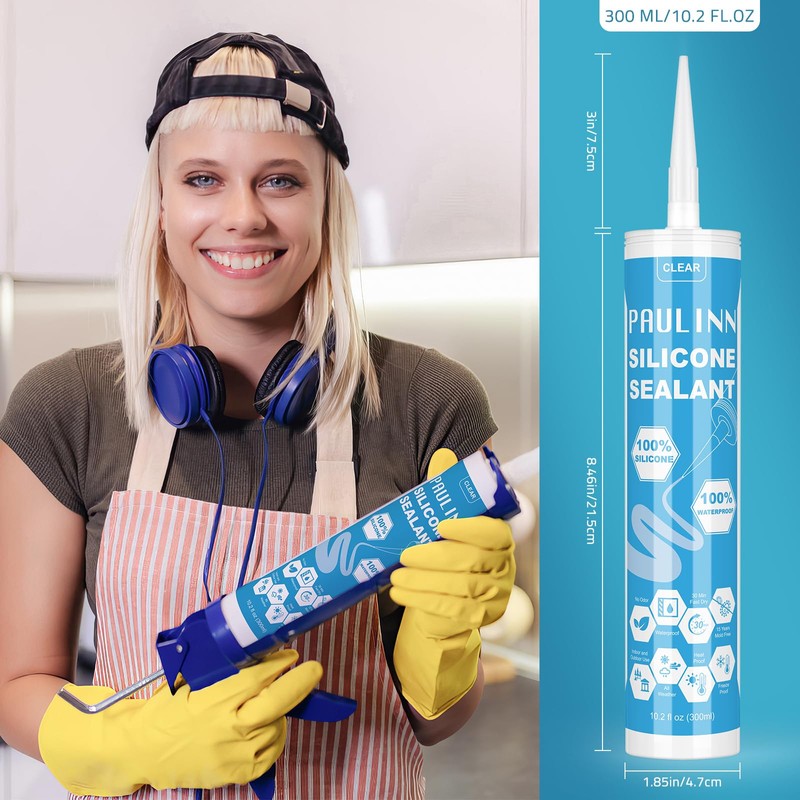 PAULINN Clear Silicone Sealant, 100% Waterproof Silicone Adhesive Caulk for