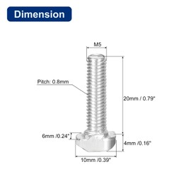 QUARKZMAN Pack of 20 Hammer Head Screws, T-slot bolts, M5 x 20 mm T-screw insert bolts for 2020 series, T-grooves, aluminium profile, carbon steel, nickel-plated, silver