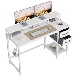 CubiCubi Computer Desk with Drawers, 47 Inch Reversible Office Desk with Monitor Stand and Storage Shelves, Work Writing Study Desk Table for Home, White