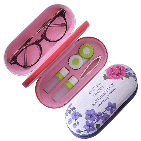 Onwon 2-in-1 Glasses Case Len Case & Eye Glasses Double Layer Storage Case with Mirror - Fresh Creative Double Sided Portable Design Perfect for Home, Office and Travel (Purple)
