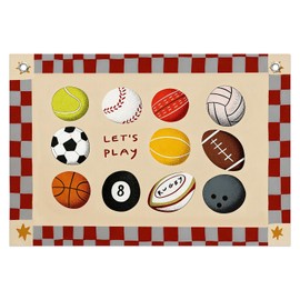 IAFQWDS Vintage Sports Kids Playroom Wall Hanging Canvas Banner, Let's Play Tennis Soccer Football Basketball Baseball Sports Decorative Wall Flag for Kids Boys Room Playroom Bedroom, 20x30 Inch