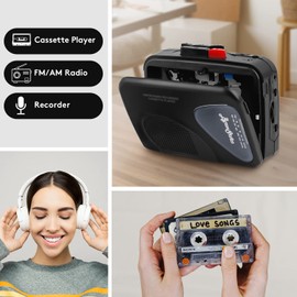 ByronStatics ポータブルカセットプレイヤー レコーダー FM AM ラジオ ウォークマン テーププレーヤー 内蔵マイク 外部スピーカー 手動録画 VAS 自動停止システム 単3電池2本 USB電源供給ヘッドホン ブラック