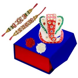 Purpldip Bhai Dooj Rakhi Set de Regalo: pequeña Estatua de mármol Ganesha, 2 rakhis, Roli Chawal en Paquete de Paan Rojo en una Elegante Caja de Regalo (rakhi68)
