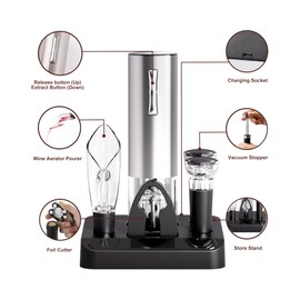 COKUNST Electric Wine Opener Set with Stand, USB Charging Corkscrew Remover, One-click Button Rechargeable Cordless Bottle Openers with Wine Pourer, Vacuum Stoppers, Foil Cutter for Home Party Wedding