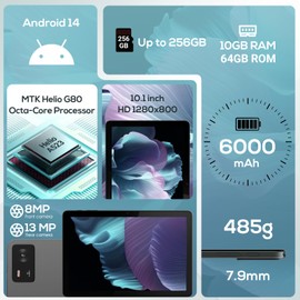 DigiLand 10.1" Android 14 Tablet with Octa-Core CPU | 10GB RAM | 64GB+256GB | 6000mAh Battery | 8MP + 13MP Camera | IPS HD Display | WiFi 5 | Bluetooth 5.0, with Case - Gray
