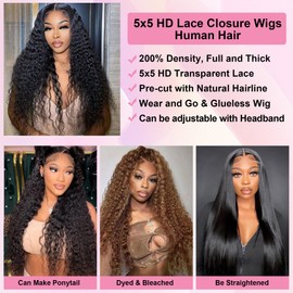 Wear and Go Glueless Wigs Human Hair Pre Cut 200% Density Water Wave 5x5 HD Lace Closure Wigs Human Hair with Baby Hair Pre Plucked Natural Hairline Wet and Wavy Wig for Women 28 Inch