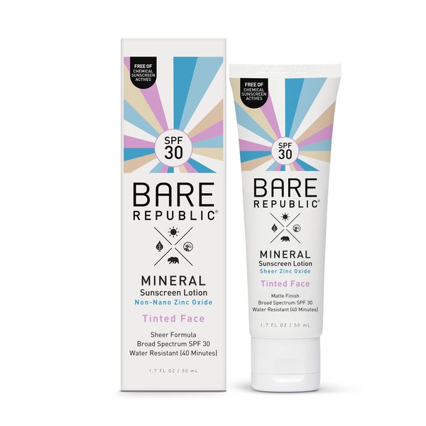 Bare Republic Tinted Mineral Sunscreen & Sunblock Face Lotion with Zinc Oxide, Broad Spectrum SPF 30, 1.7 Fl Oz