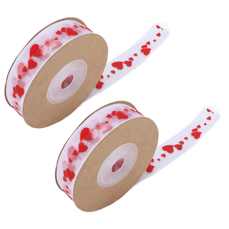 2pcs Red Ribbon 1.5cm/0.6in Wide Heart Pattern Packaging Ribbons DIY