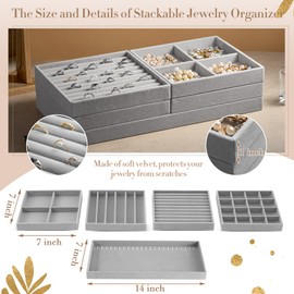 Cinnvoice Set of 10 Stackable Jewelry Organizer Trays for Drawer 14 Inch Velvet Jewelry Drawer Insert Display Storage with Removable Divider for Necklace Earring Ring Watch Bracelet (Gray)