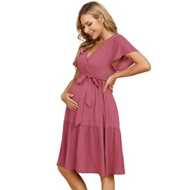 KOJOOIN Women's Maternity Dress V-Neck Nursing Dress Casual Pregnancy Dresses with Ruffle (Reusable Packaging), Pink(short sleeve)