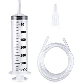 Large Capacity Plastic Syringe with 1m Tube, Reusable Plastic Syringe with Tubing for Pet Feeding, Scientific Labs, Watering, Refilling, Multiple Uses (350ML)