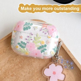ECZOIL Cute Case Compatible with AirPods 4th Generation, Cute Floral Flower Soft Clear TPU Earphone Protective Case with Flower Keychain-Floral