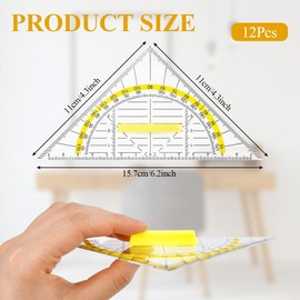 ADERTOS Set of 12 Geometry Triangle Set Plastic Geometry Triangle Set Square for Circles Transparent Set Square with Removable Handle Drawing Triangle Protractor 14 cm Ruler for Students Office