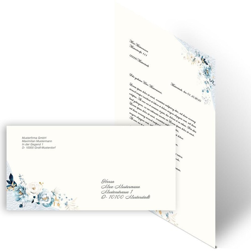 Writing Paper Set, 40 Pieces, Blue Flowers, 20 Sheets of