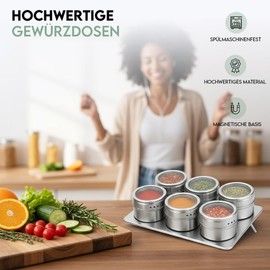 esmerina Magnetic Spice Jars Set Diameter 6 x 4.5 cm with Metal Plate 15.5 cm - Stainless Steel Spice Jars with Viewing Window & Twist Lid - Magnetic Spice Container for Fridge and Kitchen