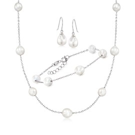 Ross-Simons 6-8mm Cultured Semi-Baroque Pearl Jewelry Set: Necklace, Bracelet and Drop Earrings in Sterling Silver. 18 inches
