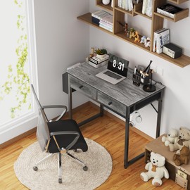 Lufeiya Small Desk with Drawers - for Bedroom, 32 Inch Home Office Computer Desk with Fabric Storage Drawer and Bag, Study Writing Table for Small Spaces, Gray