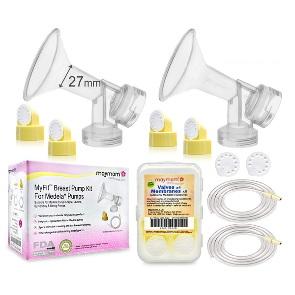 Maymom Breast Pump Kit Compatible with Medela Pump in Style Advanced Breast Pumps; 2X Breastshields (one-Piece), 27mm, 4 Valves, 6 Membranes, & 2 Tubings; Can Replace Medela Valve, Pumpinstyle